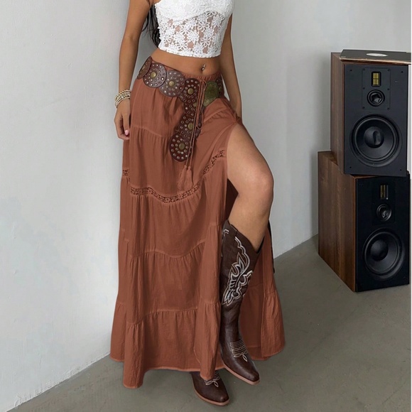 Boho Stretchy Waist lace Insert Split Thigh Maxi Skirt - Picture 1 of 8